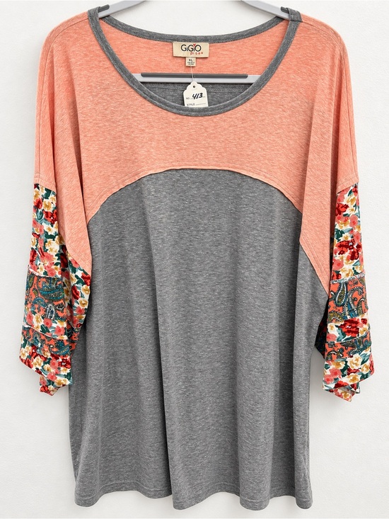 GiGio Tops - GiGio Plus Peach and Gray Colorblock Blouse with Floral Sleeves